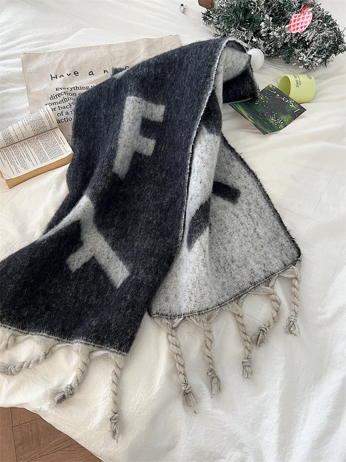 Thickened Black and Gray Winter Scarf for Women - Cozy Large Shawl Neck Wrap, Trendy Couples Style