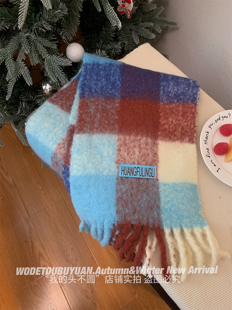 Thickened Blue and Pink Plaid Scarf for Autumn and Winter - Versatile Warm Neck Scarf for 2025 Fashion Trends