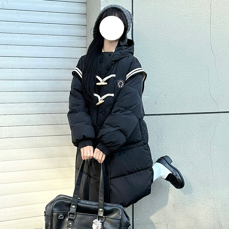 Thickened College Style Down Jacket for Winter, Long Loose Fit with Horn Buttons and Pudding Bear Design