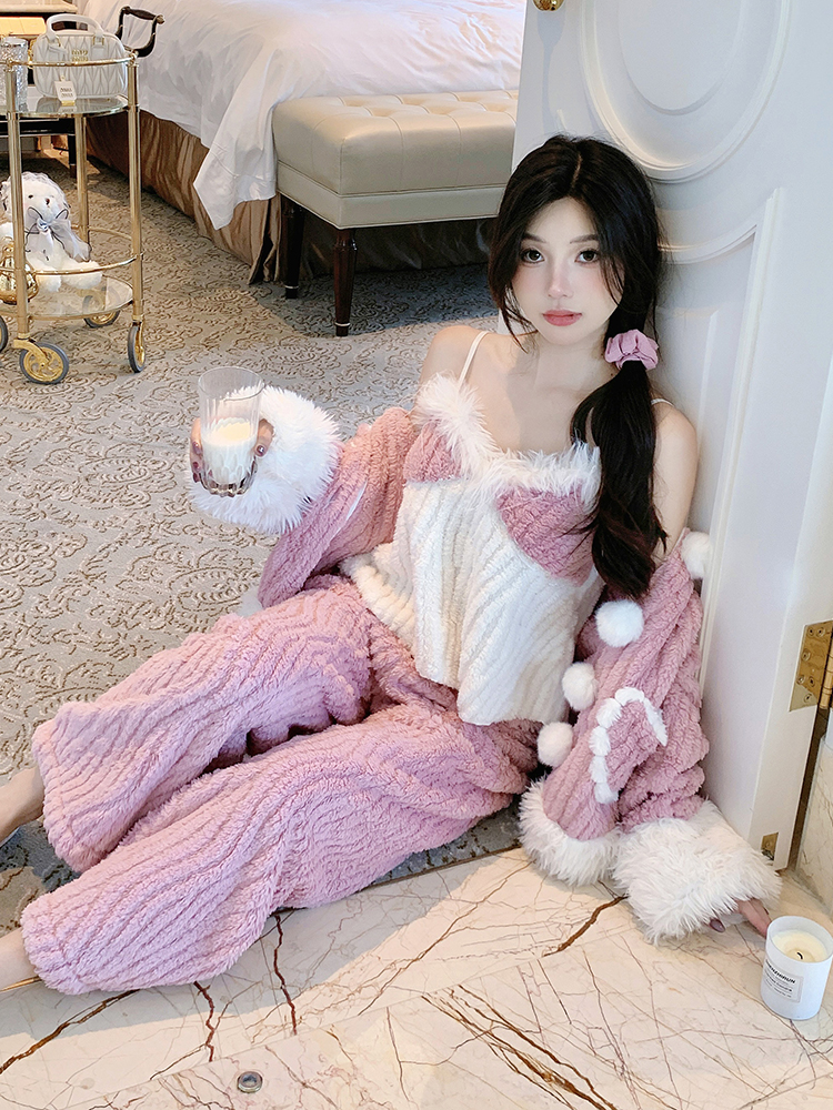 Thickened Coral Fleece Three-Piece Women's Pajama Set for Autumn and Winter - Warm and Sexy Homewear Thickened Coral Fleece Three-Piece Women's Pajama Set for Autumn and Winter - Warm and Sexy Homewear