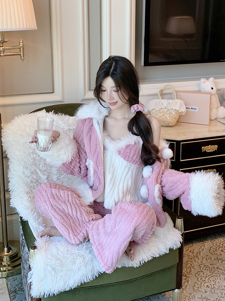 Thickened Coral Fleece Three-Piece Women's Pajama Set for Autumn and Winter - Warm and Sexy Homewear