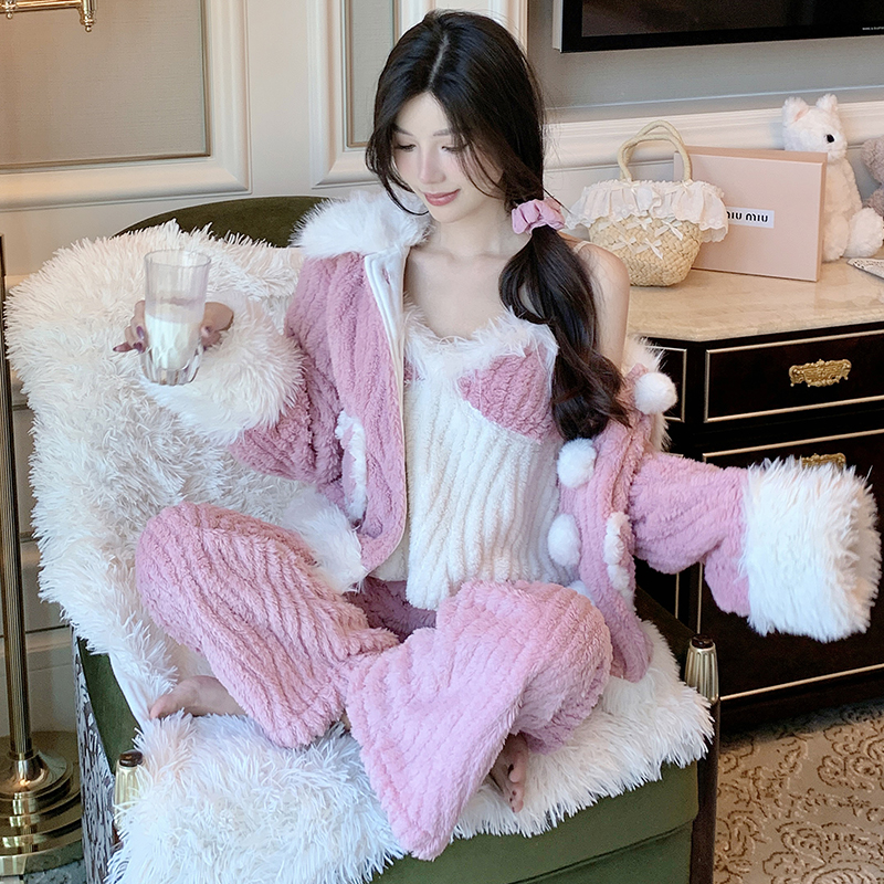 Thickened Coral Fleece Three-Piece Women's Pajama Set for Autumn and Winter - Warm and Sexy Homewear