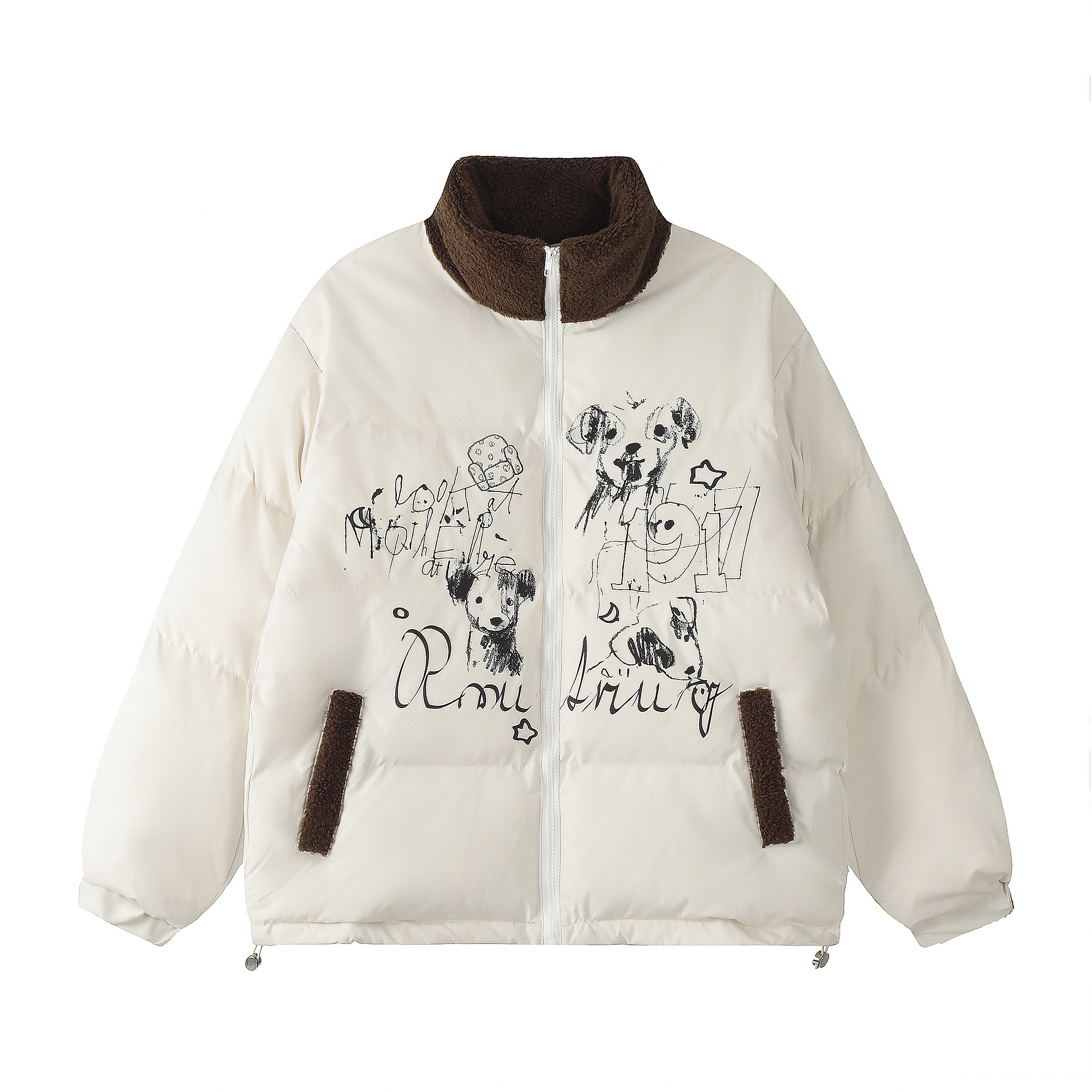 Thickened Cotton Coat for Women with Lamb Wool Collar, Spliced Design, Graffiti Print, Loose Fit, American Style Winter Jacket Thickened Cotton Coat for Women with Lamb Wool Collar, Spliced Design, Graffiti Print, Loose Fit, American Style Winter Jacket