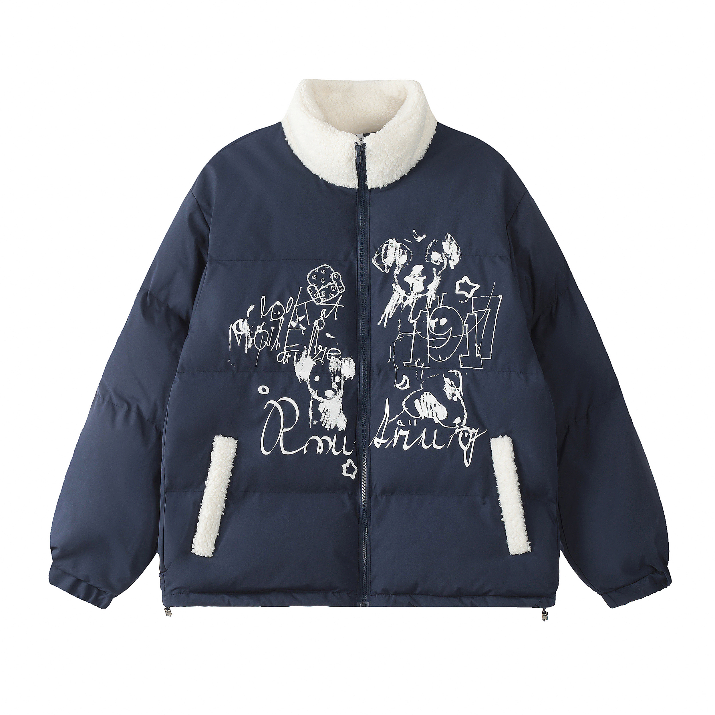 Thickened Cotton Coat for Women with Lamb Wool Collar, Spliced Design, Graffiti Print, Loose Fit, American Style Winter Jacket