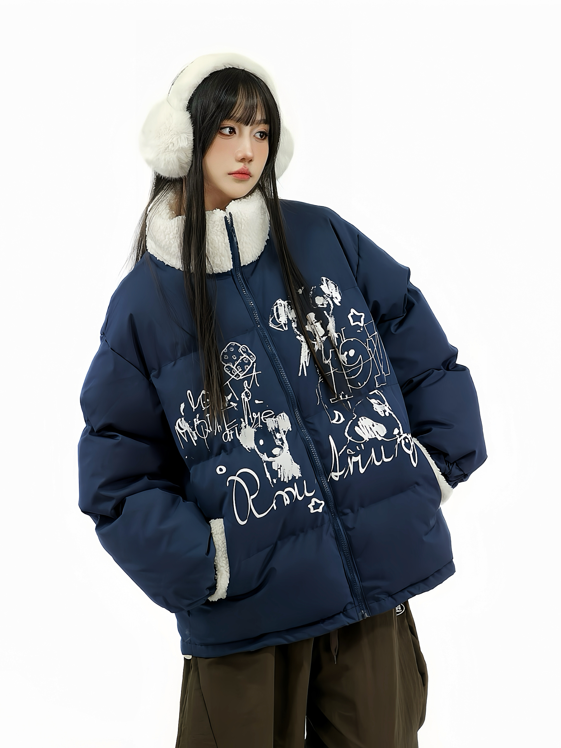 Thickened Cotton Coat for Women with Lamb Wool Collar, Spliced Design, Graffiti Print, Loose Fit, American Style Winter Jacket