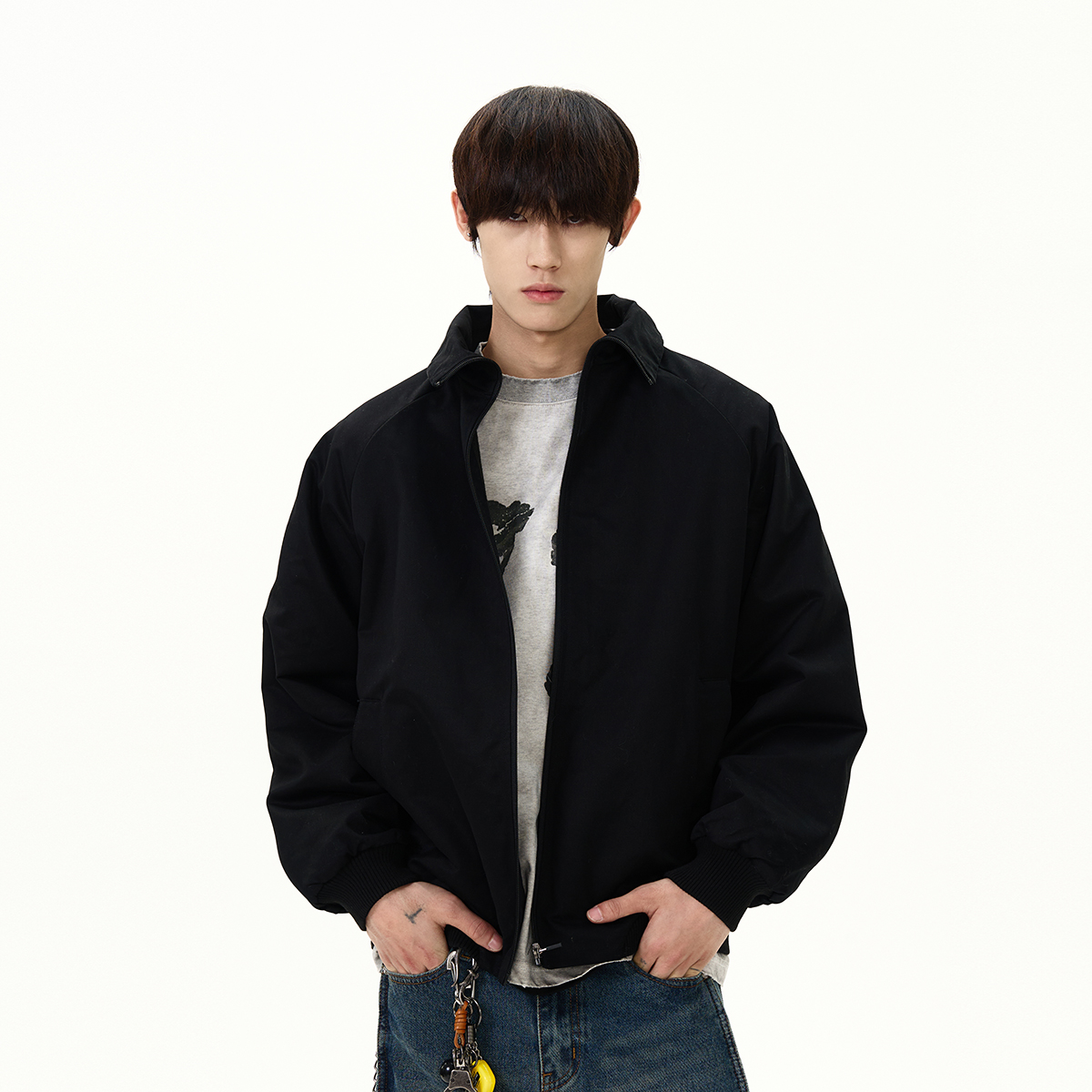 Thickened Harrington Jacket - Minimalist Black Pilot Coat with Cleanfit Silhouette - Versatile Short Trendy Outerwear