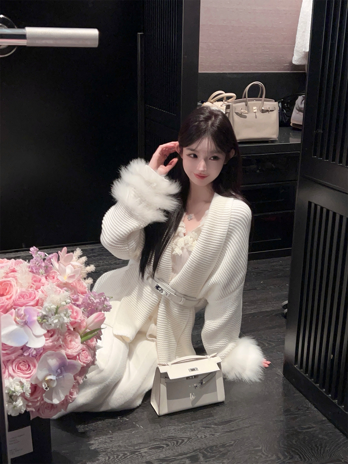 Thickened Knitted Cardigan for Women with Fox Fur Collar and Belt - Cozy Winter Layering Essential