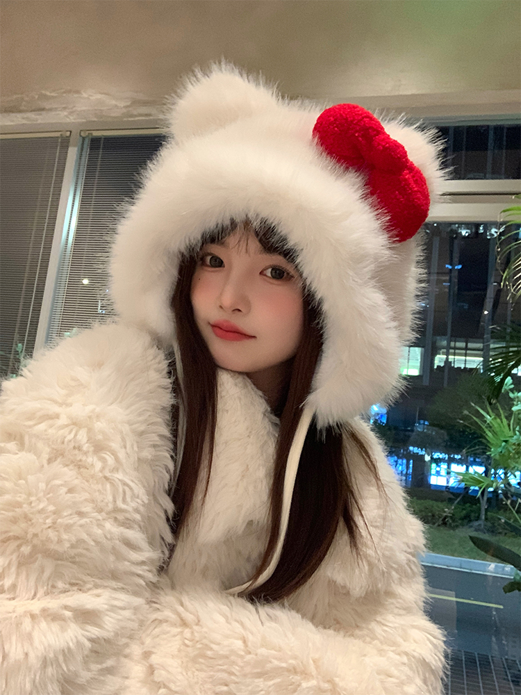 Thickened Warm Lei Feng Hat with Red Bow | Cute Plush Cap for Winter Fashion