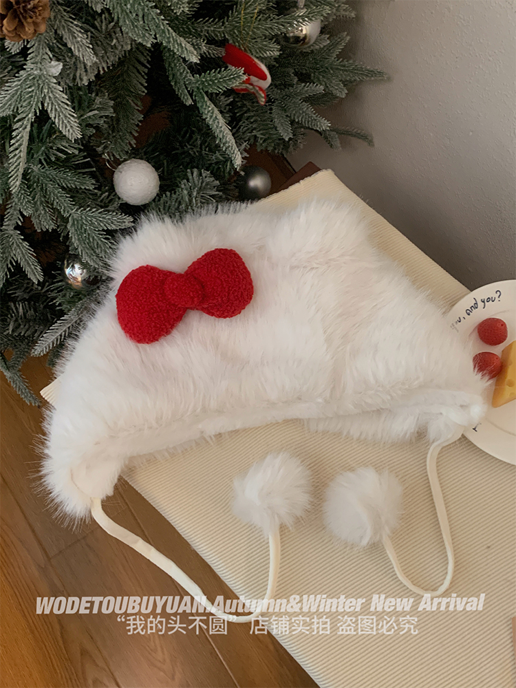 Thickened Warm Lei Feng Hat with Red Bow | Cute Plush Cap for Winter Fashion
