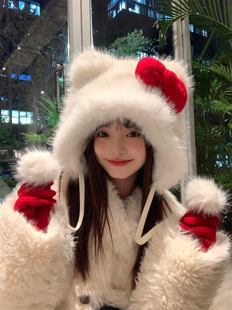Thickened Warm Lei Feng Hat with Red Bow | Cute Plush Cap for Winter Fashion Thickened Warm Lei Feng Hat with Red Bow | Cute Plush Cap for Winter Fashion