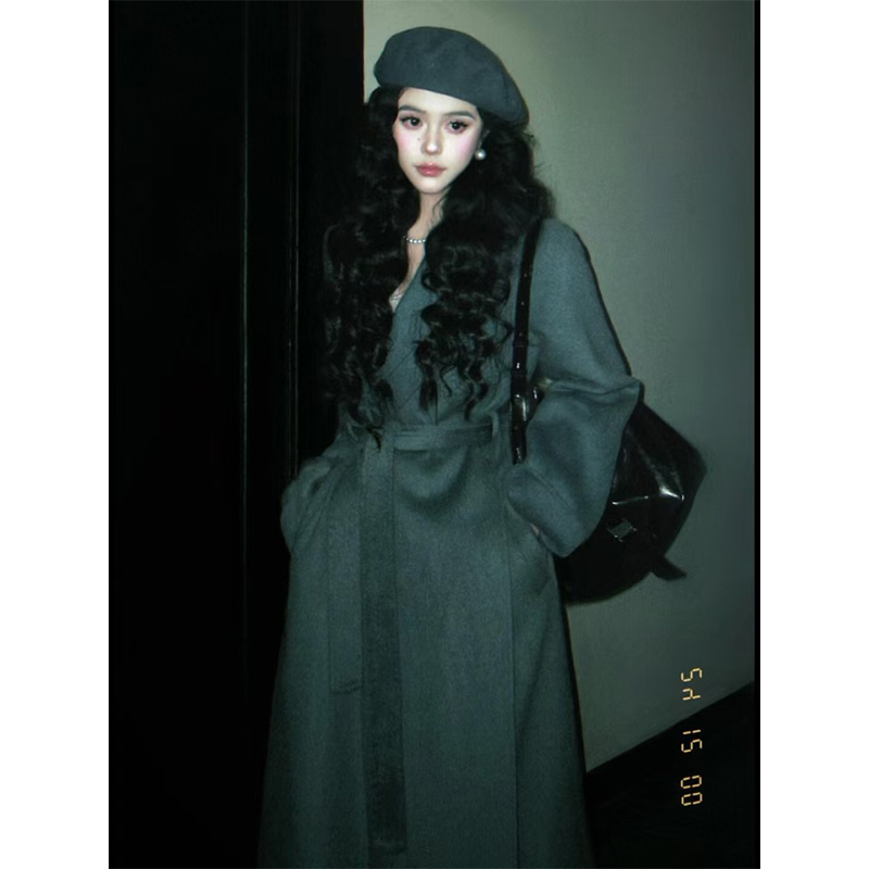 Thigh-Length Double-Sided Wool Coat with Scarf Collar – Trendy High-End Mid-Length Fashion Outerwear