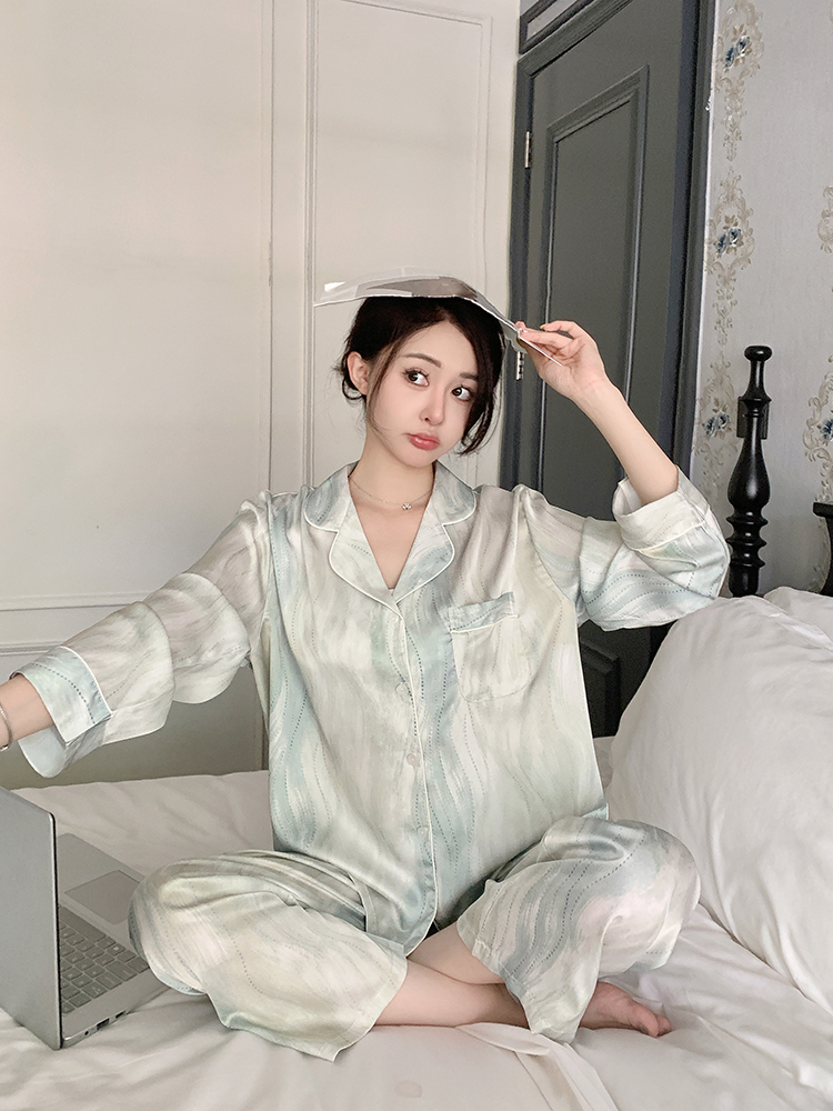 Thin Ice Silk Pajamas Set for Women - Long Sleeve & Pants, Sexy Homewear for Spring & Autumn - Lightweight Summer Sleepwear Thin Ice Silk Pajamas Set for Women - Long Sleeve & Pants, Sexy Homewear for Spring & Autumn - Lightweight Summer Sleepwear