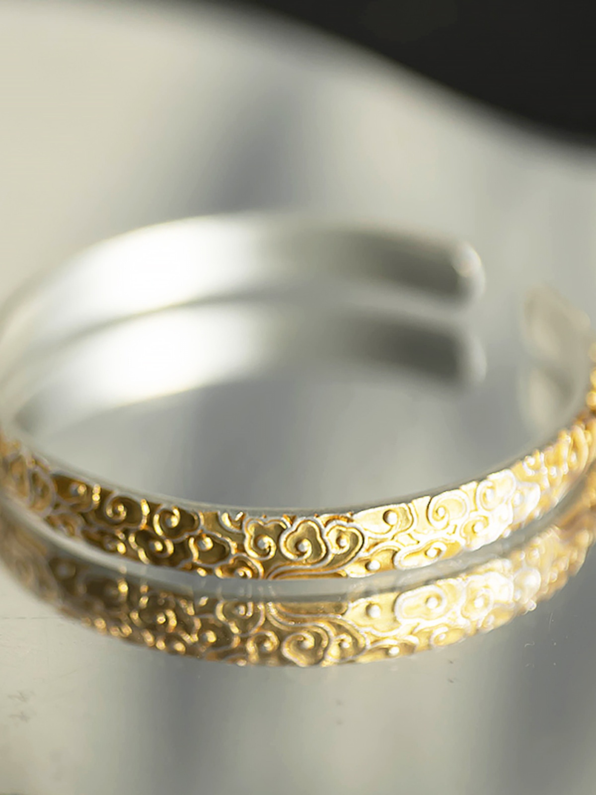 Traditional Chinese Style Open Bangle in 9999 Pure Silver with Gold-Plated Finish - Elegant Fire Cloud Design