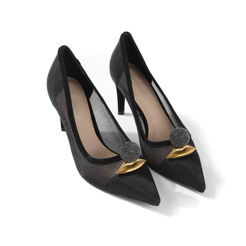 Transparent Mesh High Heels with Pointed Toe, Shiny Diamond Ball Metal Decor, Elegant Women's Summer Loafers Transparent Mesh High Heels with Pointed Toe, Shiny Diamond Ball Metal Decor, Elegant Women's Summer Loafers