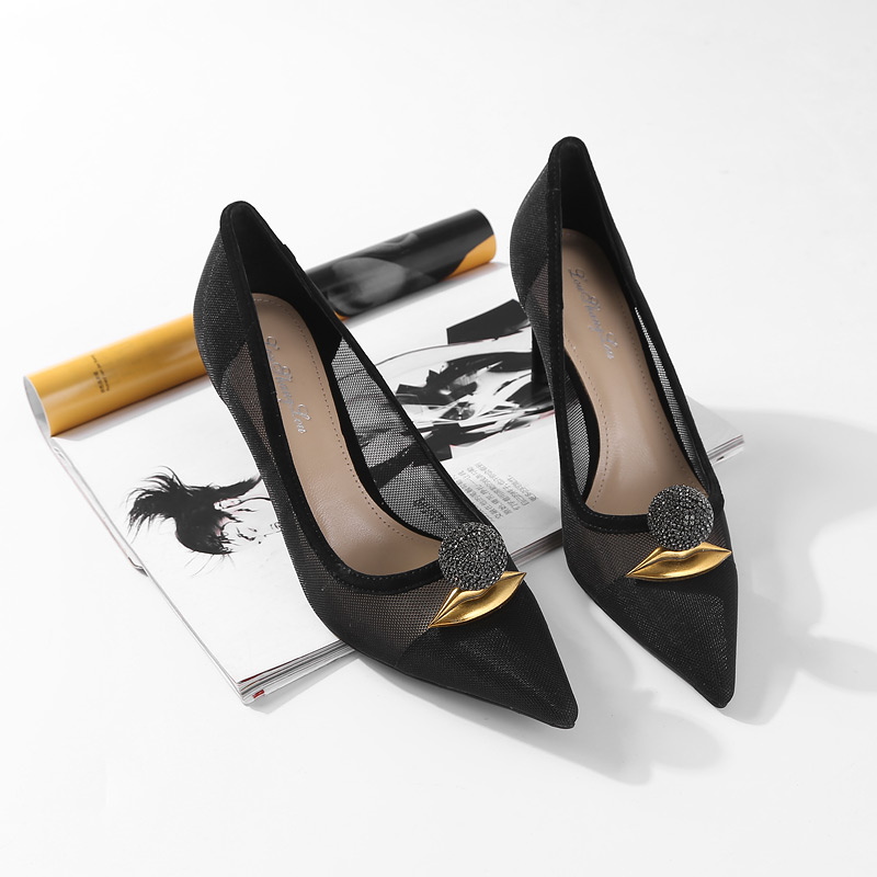 Transparent Mesh High Heels with Pointed Toe, Shiny Diamond Ball Metal Decor, Elegant Women's Summer Loafers Transparent Mesh High Heels with Pointed Toe, Shiny Diamond Ball Metal Decor, Elegant Women's Summer Loafers