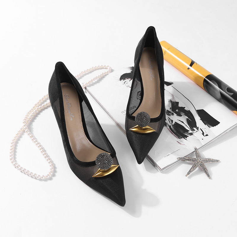 Transparent Mesh High Heels with Pointed Toe, Shiny Diamond Ball Metal Decor, Elegant Women's Summer Loafers Transparent Mesh High Heels with Pointed Toe, Shiny Diamond Ball Metal Decor, Elegant Women's Summer Loafers