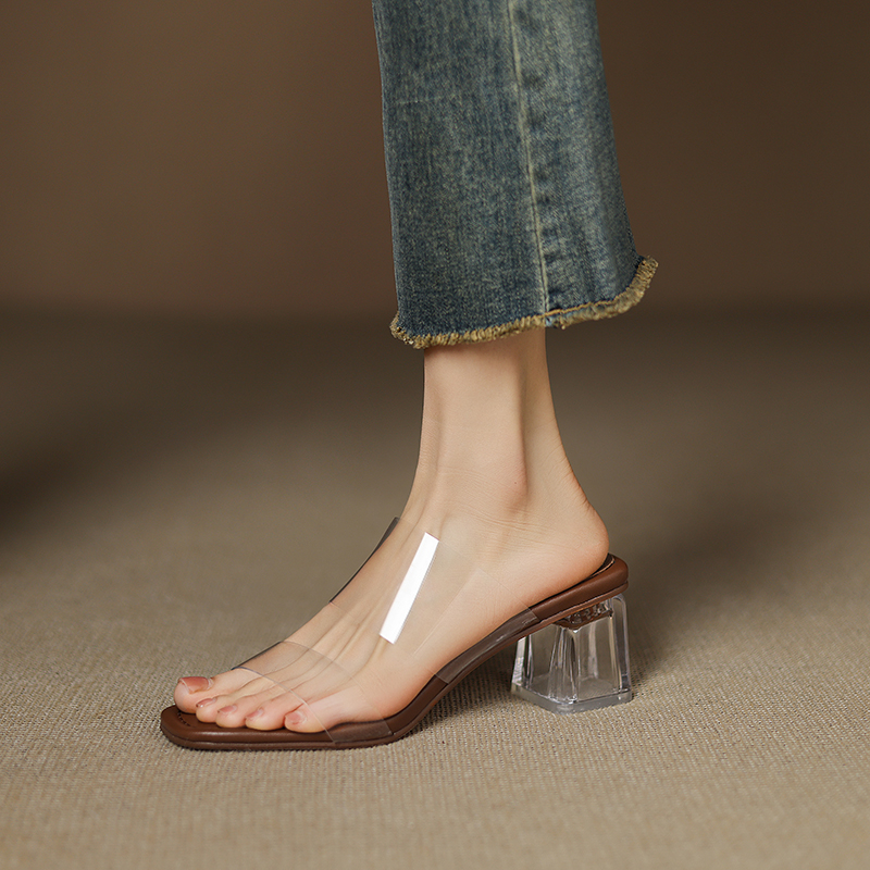 Transparent PVC Chunky Heel Open-Toe Slide Sandals for Women - 7.5cm High Heels, Perfect for Vacation, Summer, and Y2K Style