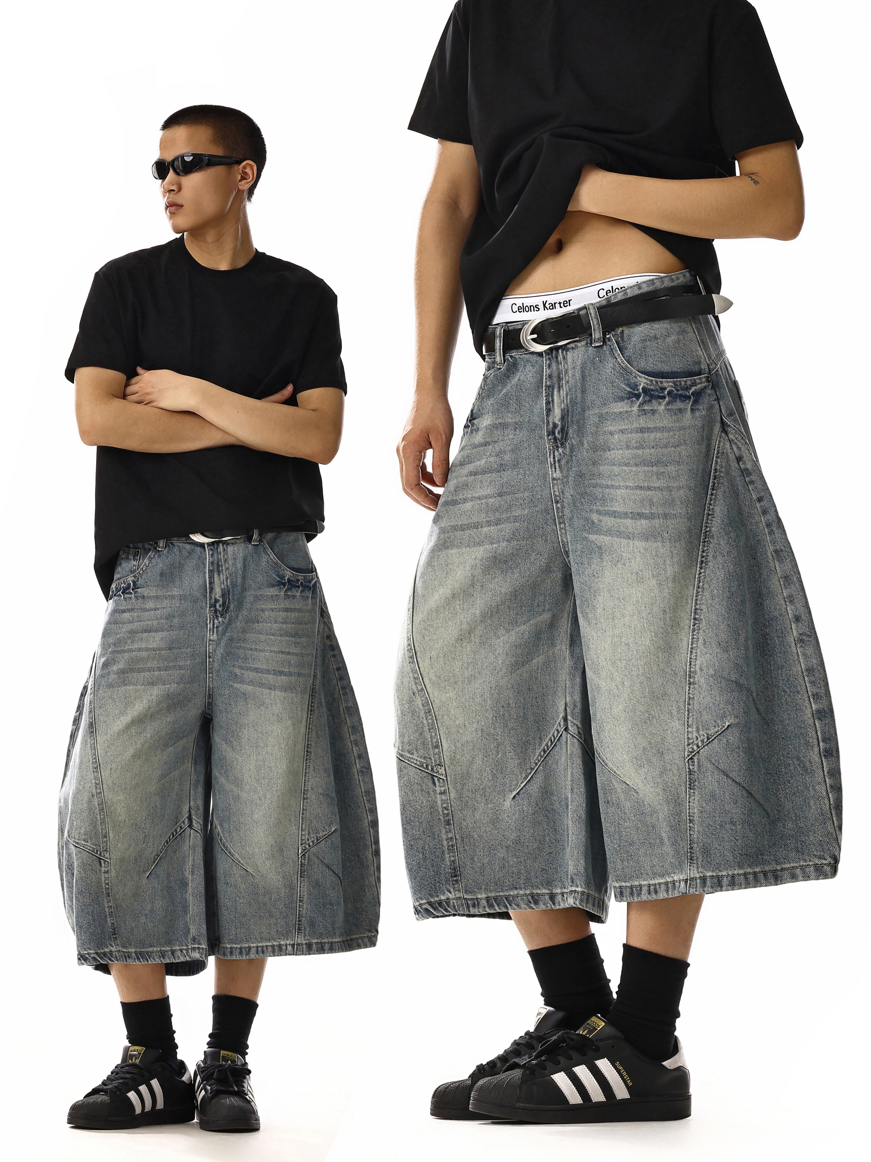 Trendy American Retro Washed Deconstructed Curved Knife Denim Cropped Pants Unisex Streetwear Loose Wide-Leg Shorts