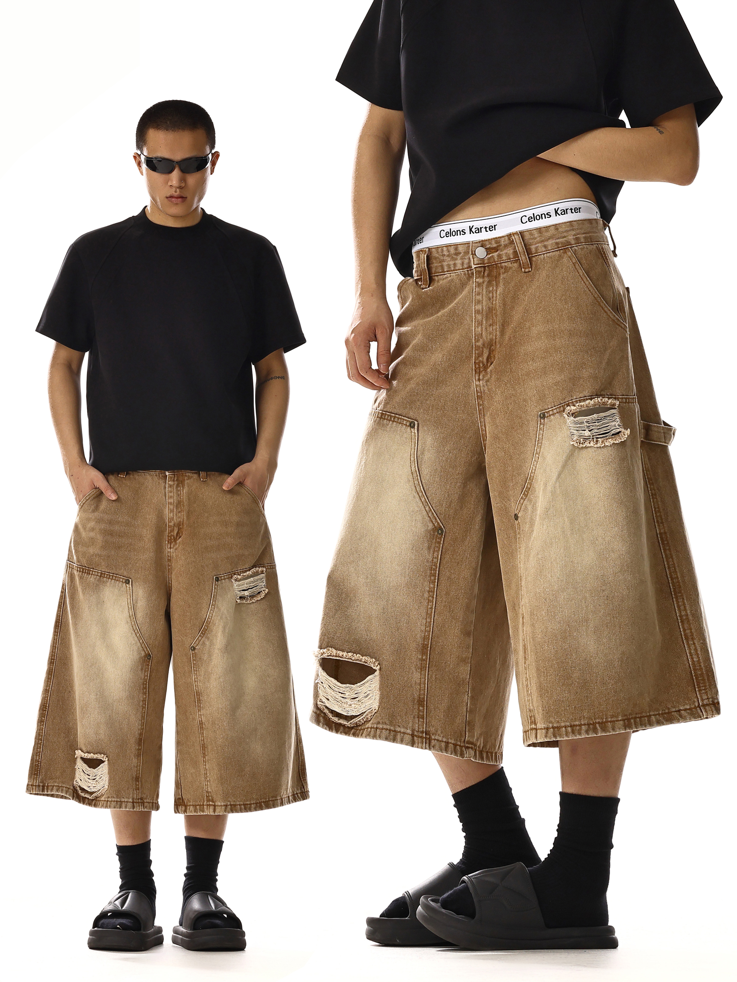 Trendy American Ripped Denim Shorts for Men & Women - Summer Loose Wide-Leg Casual Capri Pants