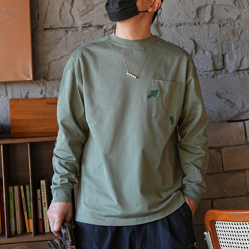 Trendy American-Style Creative Embroidered Round Neck Long Sleeve T-Shirt for Young Men, Casual Versatile Cotton Pullover Trendy American-Style Creative Embroidered Round Neck Long Sleeve T-Shirt for Young Men, Casual Versatile Cotton Pullover