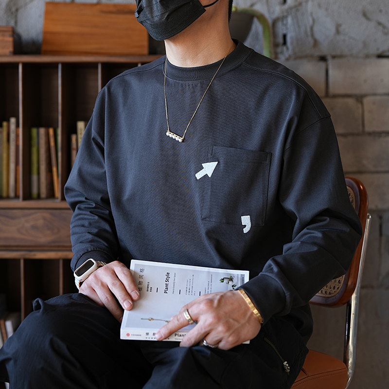 Trendy American-Style Creative Embroidered Round Neck Long Sleeve T-Shirt for Young Men, Casual Versatile Cotton Pullover Trendy American-Style Creative Embroidered Round Neck Long Sleeve T-Shirt for Young Men, Casual Versatile Cotton Pullover