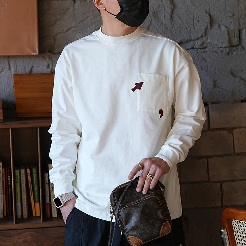 Trendy American-Style Creative Embroidered Round Neck Long Sleeve T-Shirt for Young Men, Casual Versatile Cotton Pullover