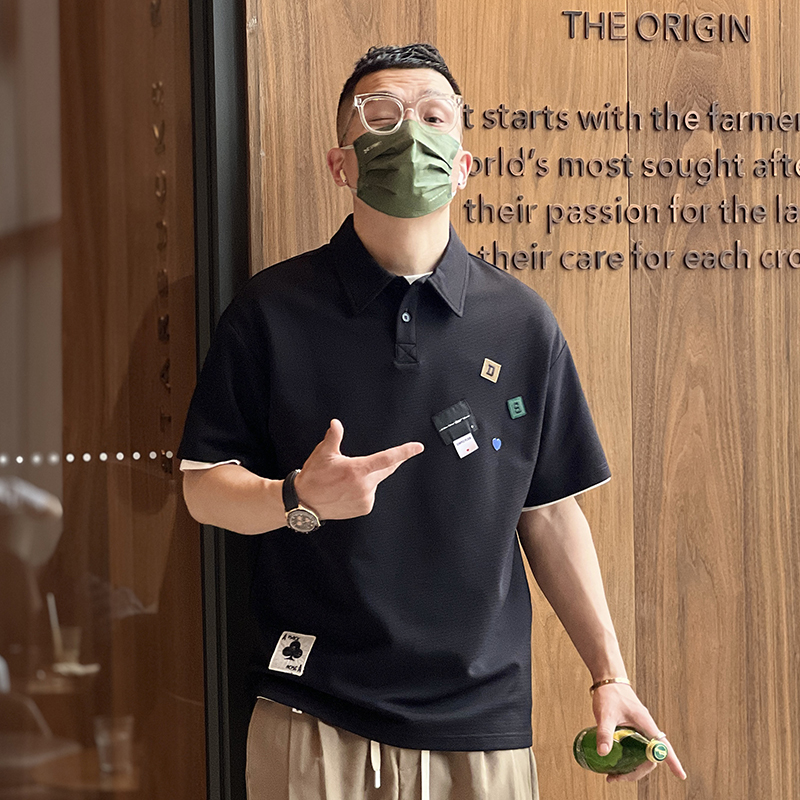 Trendy American-Style Patch Lapel Polo Shirt for Men - Loose Fit Short Sleeve T-Shirt for Summer Youth Fashion Trendy American-Style Patch Lapel Polo Shirt for Men - Loose Fit Short Sleeve T-Shirt for Summer Youth Fashion