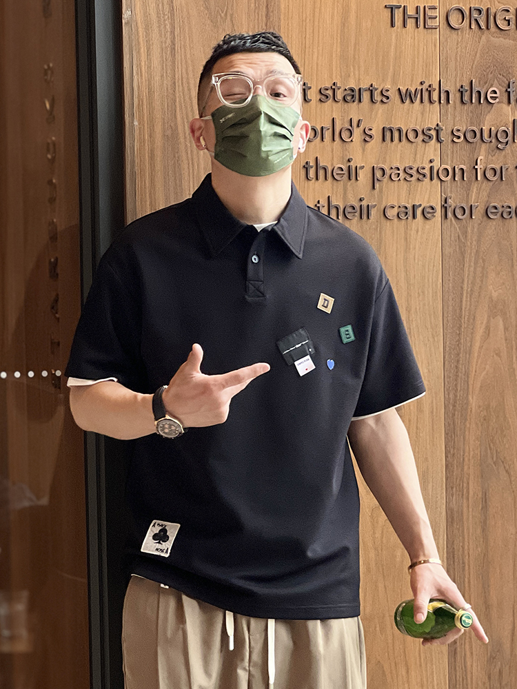 Trendy American-Style Patch Lapel Polo Shirt for Men - Loose Fit Short Sleeve T-Shirt for Summer Youth Fashion Trendy American-Style Patch Lapel Polo Shirt for Men - Loose Fit Short Sleeve T-Shirt for Summer Youth Fashion