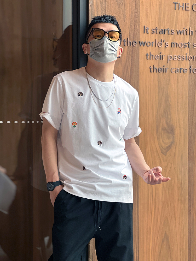 Trendy American-style Short Sleeve Cartoon Embroidery T-shirt for Men - Versatile Summer Round Neck Casual Top Trendy American-style Short Sleeve Cartoon Embroidery T-shirt for Men - Versatile Summer Round Neck Casual Top