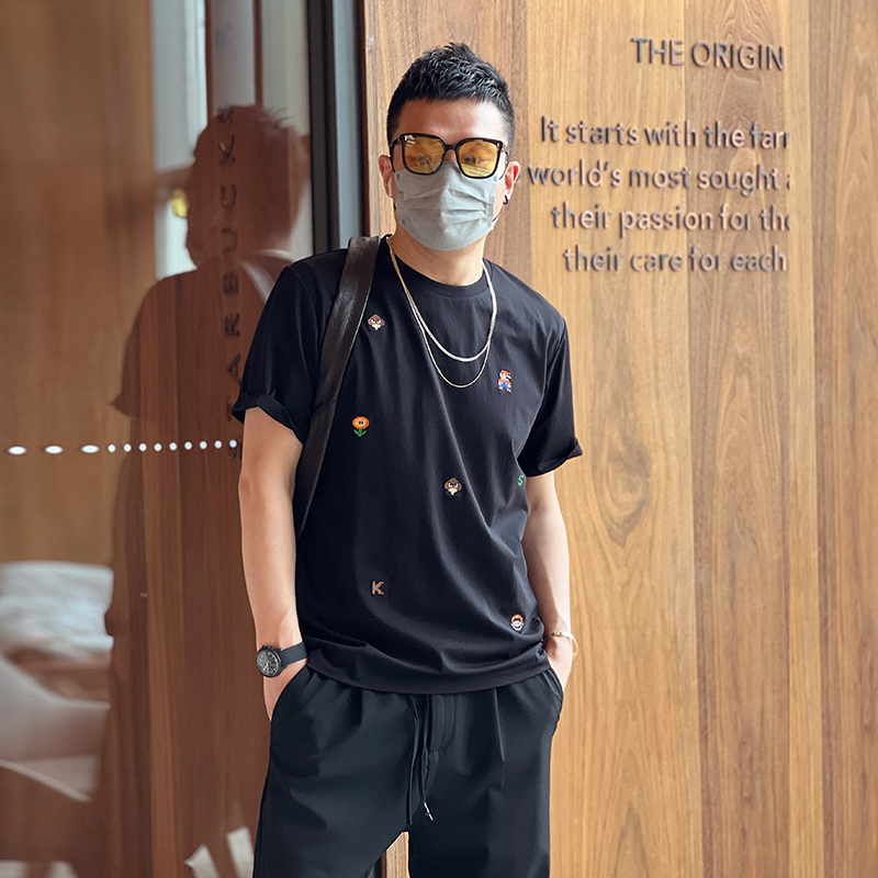 Trendy American-style Short Sleeve Cartoon Embroidery T-shirt for Men - Versatile Summer Round Neck Casual Top Trendy American-style Short Sleeve Cartoon Embroidery T-shirt for Men - Versatile Summer Round Neck Casual Top