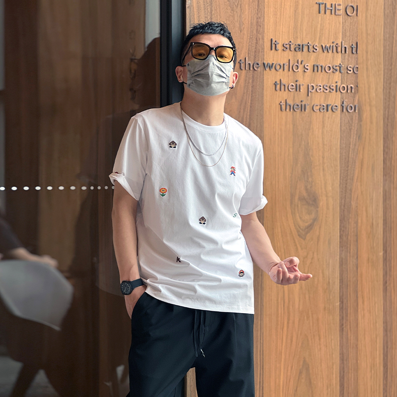 Trendy American-style Short Sleeve Cartoon Embroidery T-shirt for Men - Versatile Summer Round Neck Casual Top Trendy American-style Short Sleeve Cartoon Embroidery T-shirt for Men - Versatile Summer Round Neck Casual Top