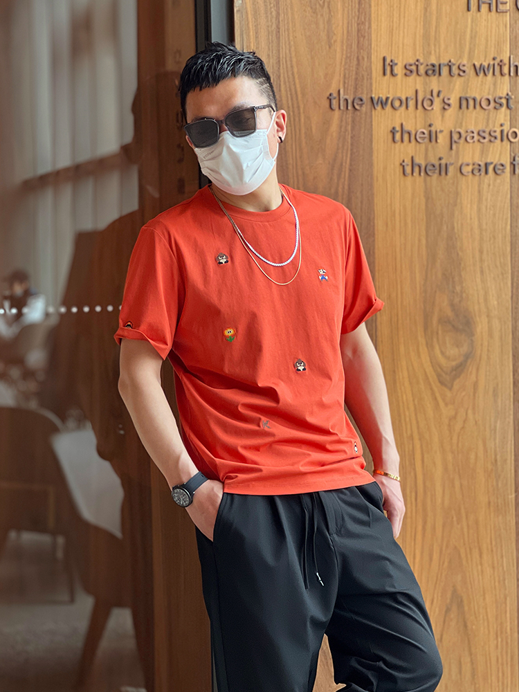 Trendy American-style Short Sleeve Cartoon Embroidery T-shirt for Men - Versatile Summer Round Neck Casual Top