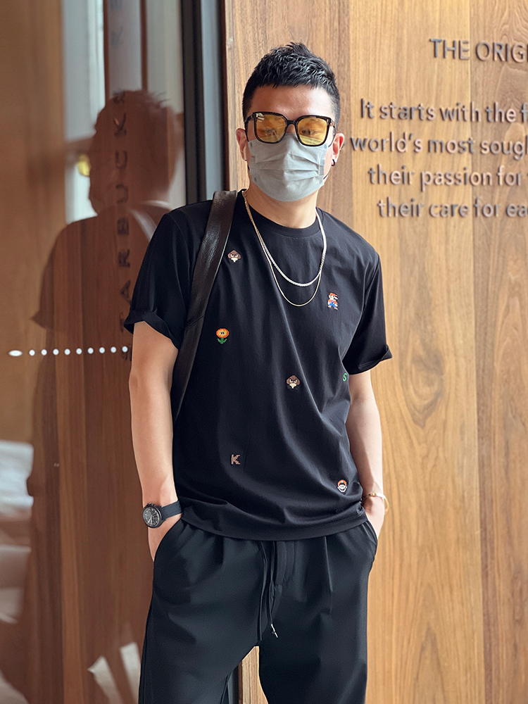 Trendy American-style Short Sleeve Cartoon Embroidery T-shirt for Men - Versatile Summer Round Neck Casual Top Trendy American-style Short Sleeve Cartoon Embroidery T-shirt for Men - Versatile Summer Round Neck Casual Top