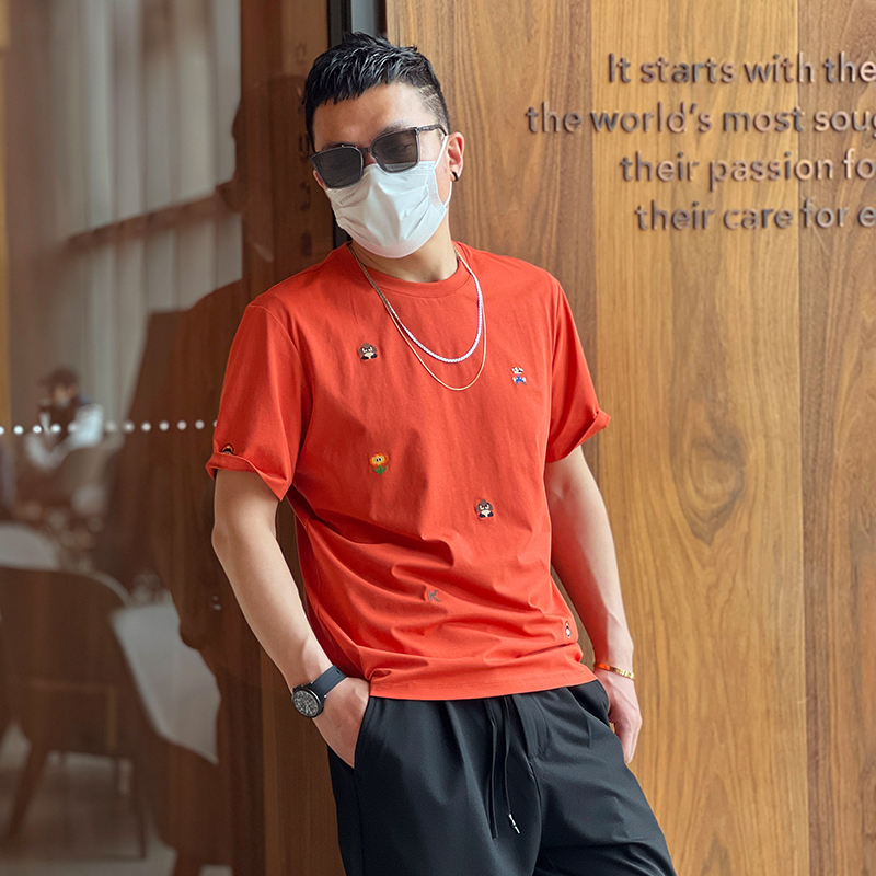 Trendy American-style Short Sleeve Cartoon Embroidery T-shirt for Men - Versatile Summer Round Neck Casual Top