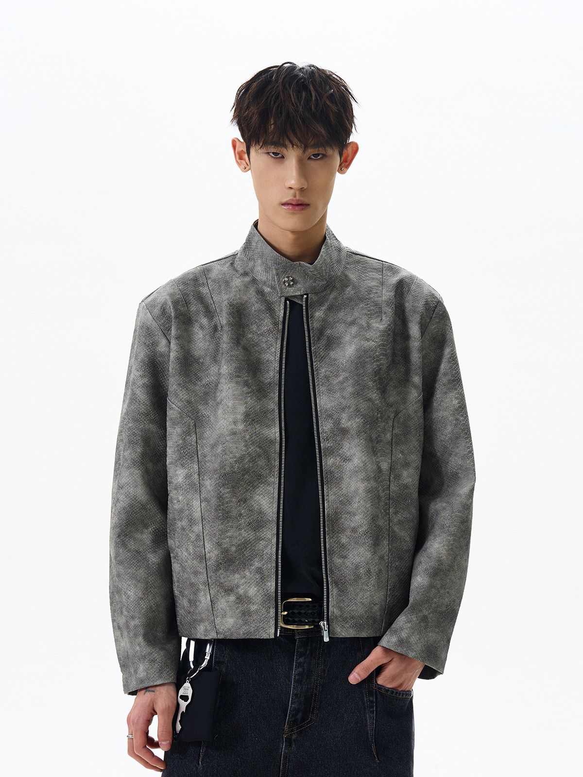 Trendy American Vintage Cropped Harrington Tie-Dye Leather Jacket - Clean Fit Motorcycle Coat Trendy American Vintage Cropped Harrington Tie-Dye Leather Jacket - Clean Fit Motorcycle Coat