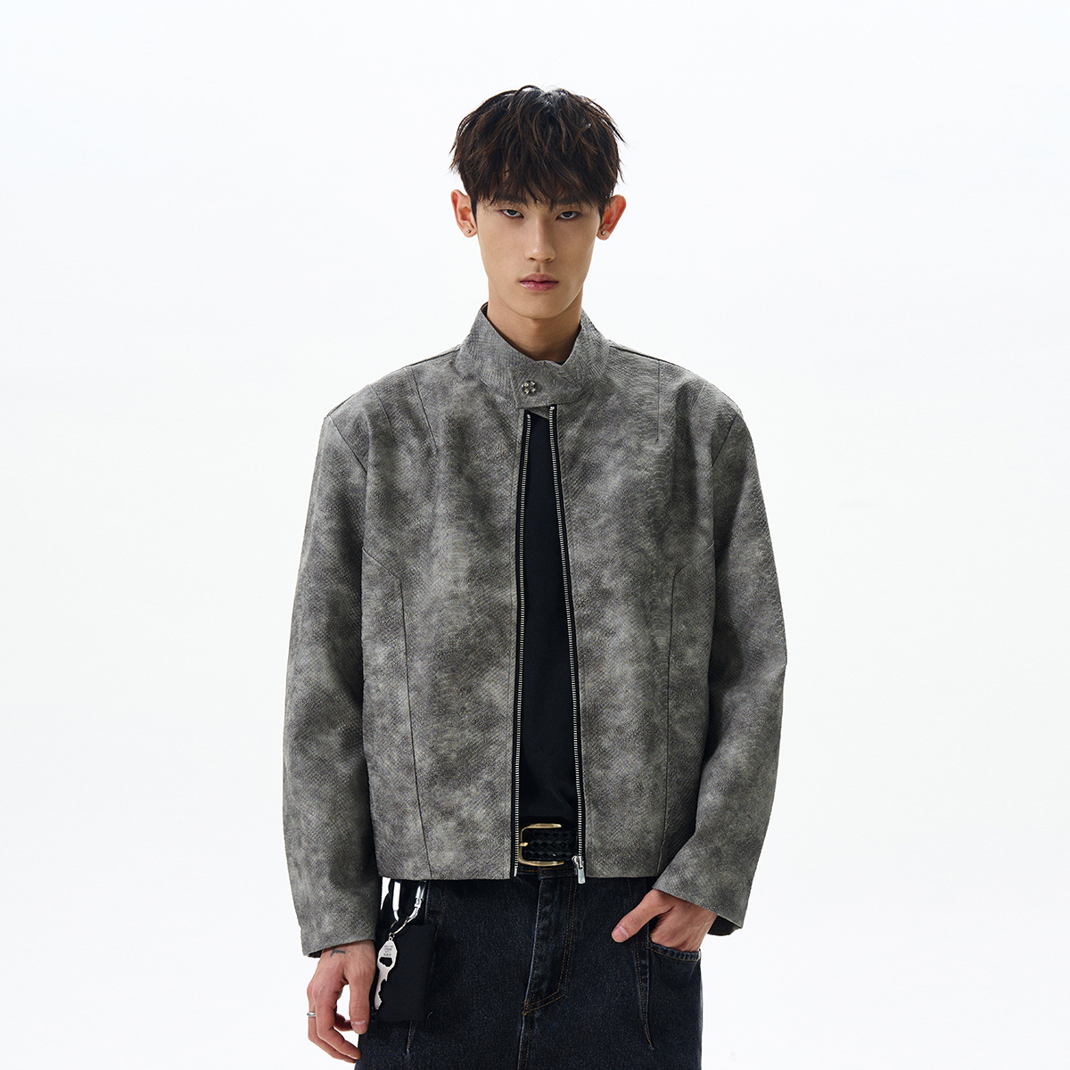 Trendy American Vintage Cropped Harrington Tie-Dye Leather Jacket - Clean Fit Motorcycle Coat