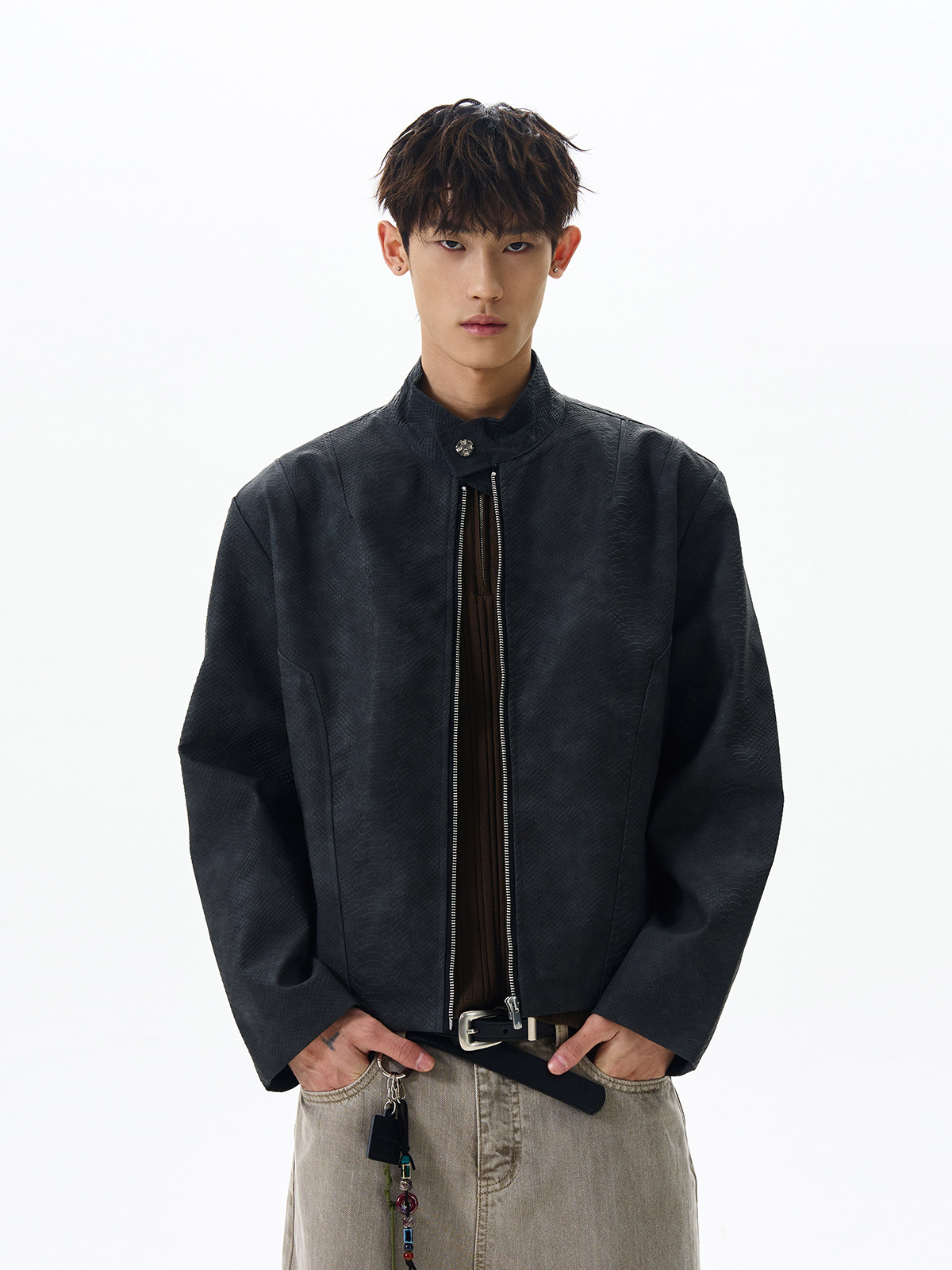 Trendy American Vintage Cropped Harrington Tie-Dye Leather Jacket - Clean Fit Motorcycle Coat Trendy American Vintage Cropped Harrington Tie-Dye Leather Jacket - Clean Fit Motorcycle Coat