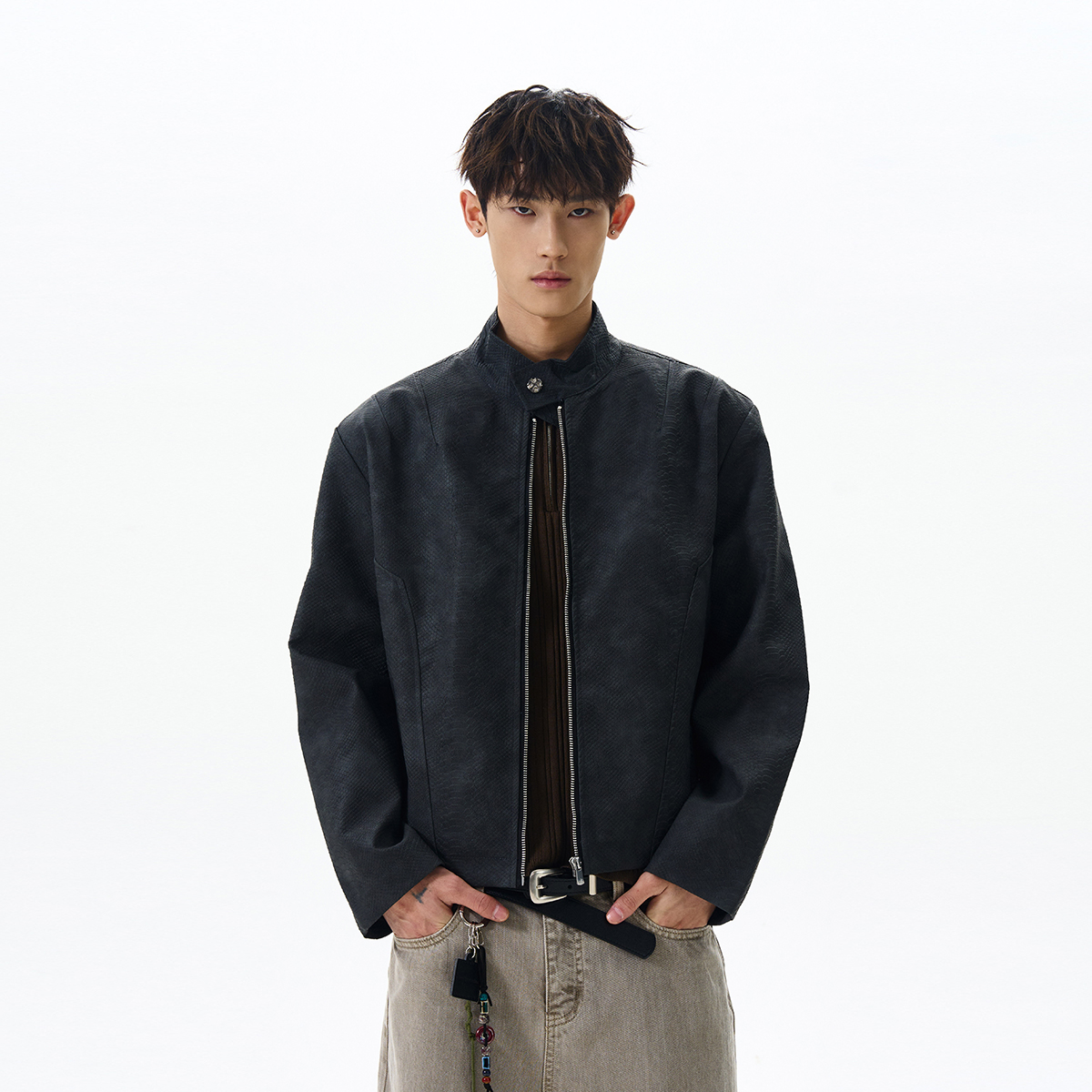 Trendy American Vintage Cropped Harrington Tie-Dye Leather Jacket - Clean Fit Motorcycle Coat Trendy American Vintage Cropped Harrington Tie-Dye Leather Jacket - Clean Fit Motorcycle Coat