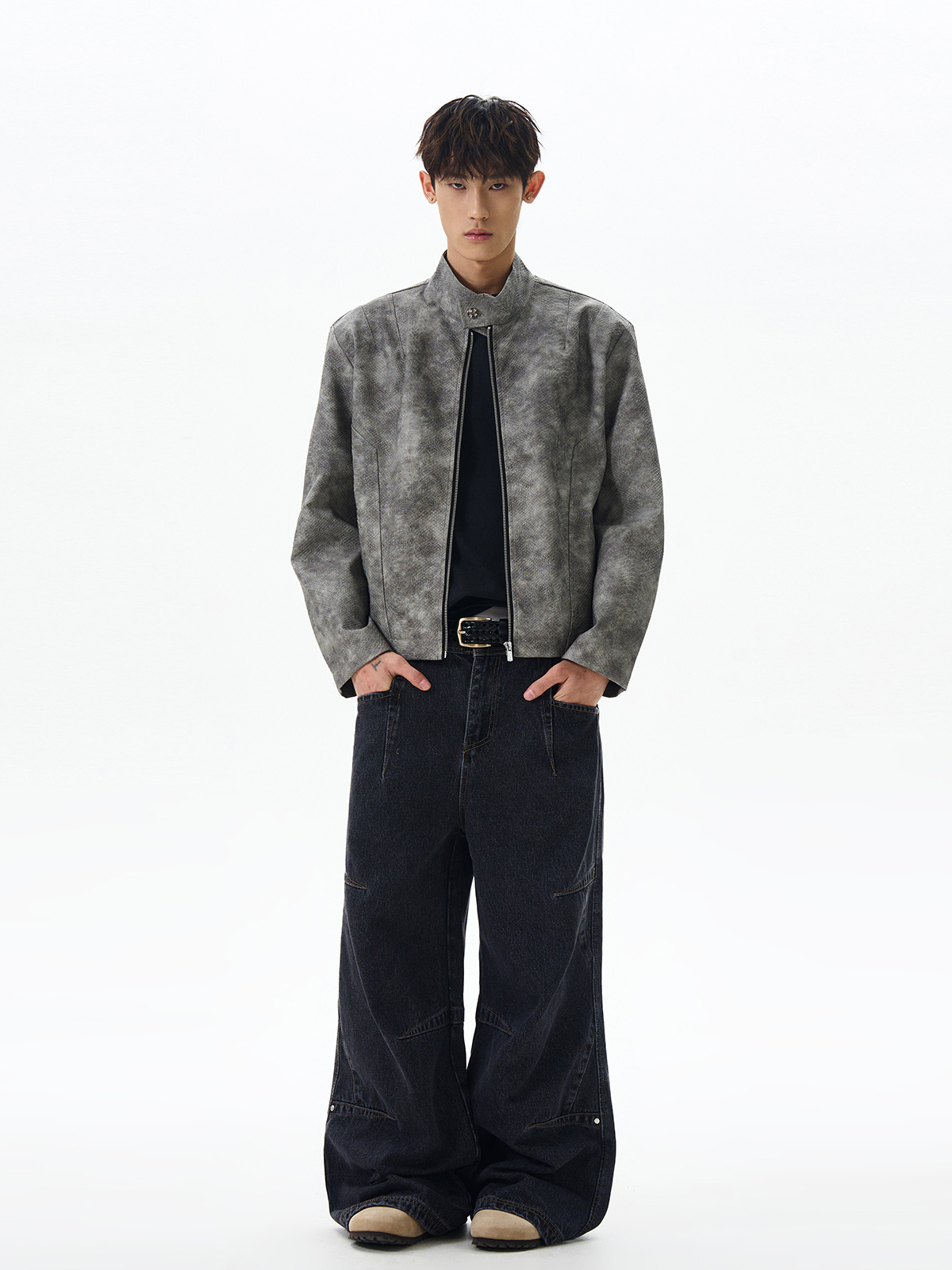 Trendy American Vintage Cropped Harrington Tie-Dye Leather Jacket - Clean Fit Motorcycle Coat Trendy American Vintage Cropped Harrington Tie-Dye Leather Jacket - Clean Fit Motorcycle Coat