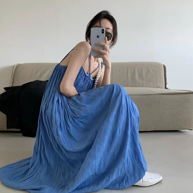 Trendy Blue Pleated Maxi Dress for Women - Summer Beach Vacation Camisole Outfit