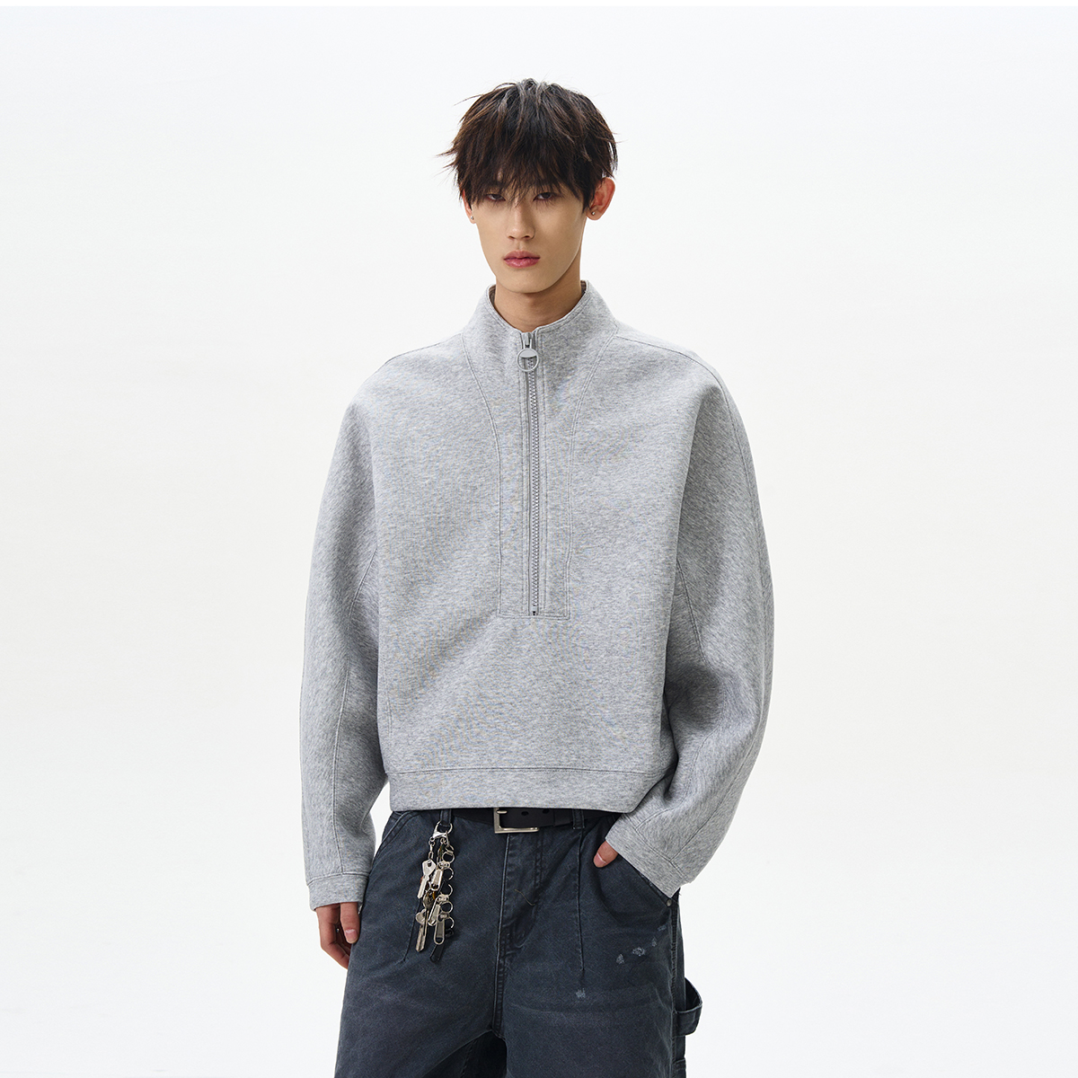 Trendy Boxy Cropped Half-High Zip Collar Sweatshirt in American Street Style, Rebellious Fashion Essential