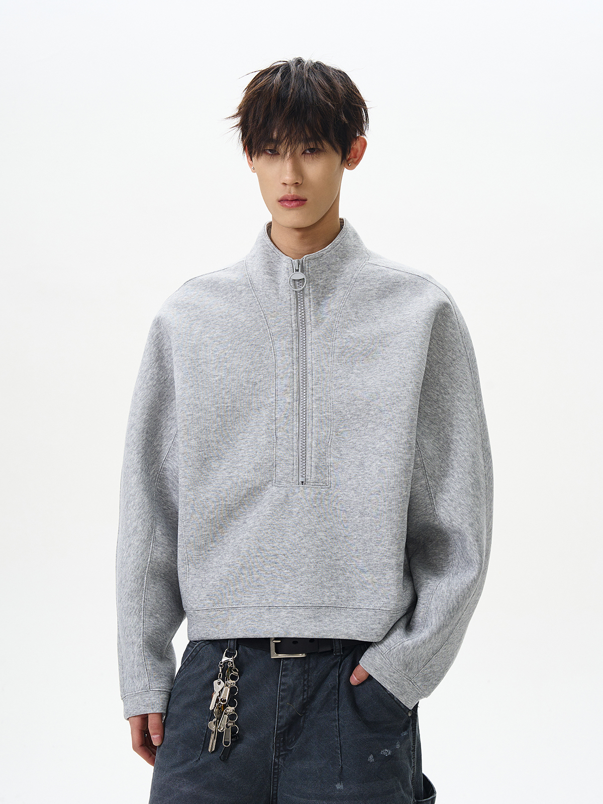 Trendy Boxy Cropped Half-High Zip Collar Sweatshirt in American Street Style, Rebellious Fashion Essential