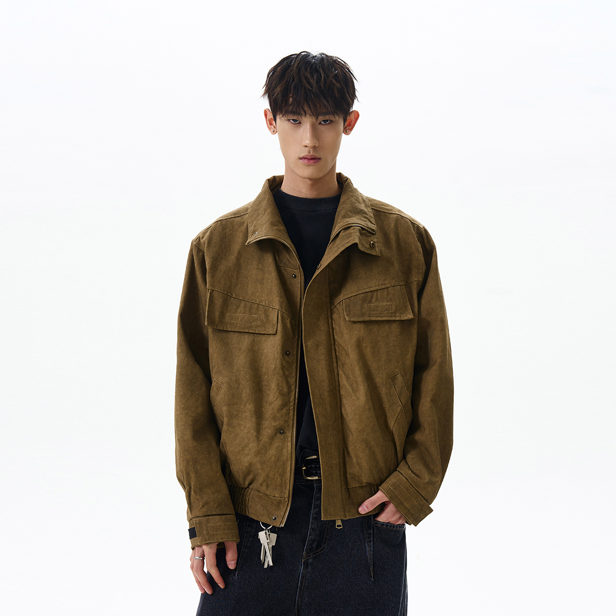 Trendy Boxy Short Workwear Jacket - American Vintage Distressed Deconstructed Stand-Collar Zip-Up Coat Trendy Boxy Short Workwear Jacket - American Vintage Distressed Deconstructed Stand-Collar Zip-Up Coat