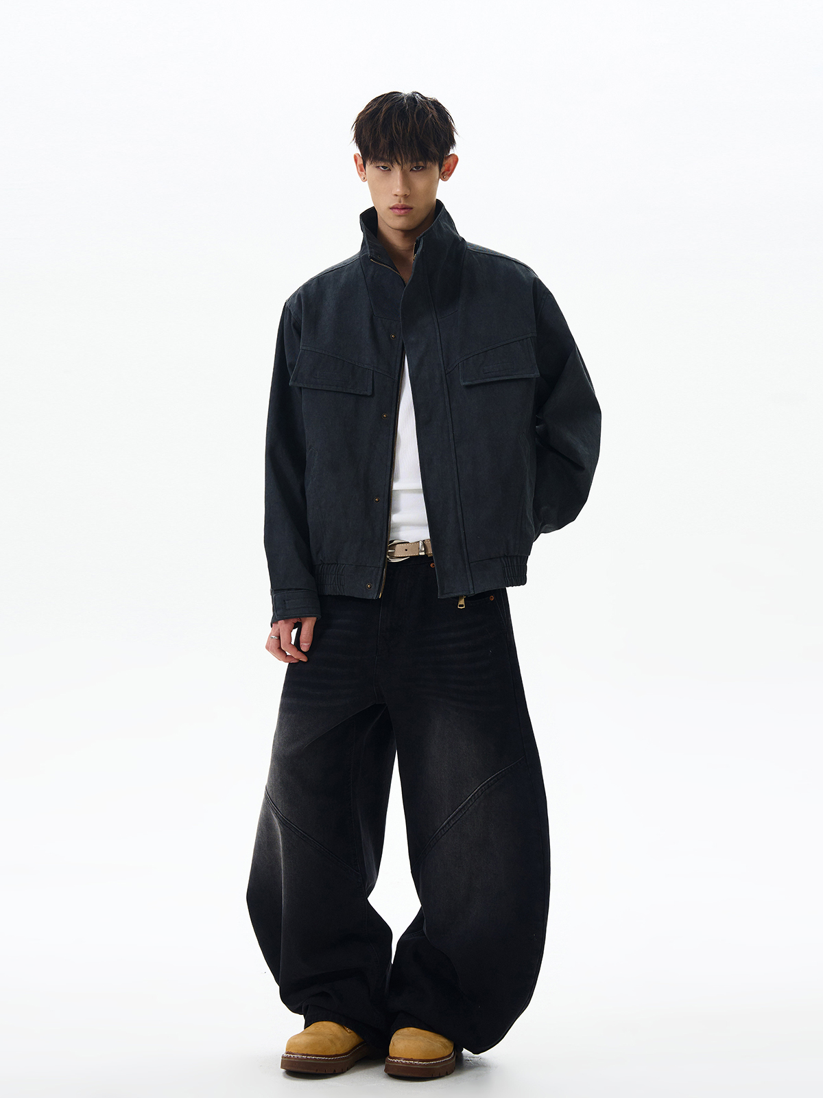 Trendy Boxy Short Workwear Jacket - American Vintage Distressed Deconstructed Stand-Collar Zip-Up Coat Trendy Boxy Short Workwear Jacket - American Vintage Distressed Deconstructed Stand-Collar Zip-Up Coat