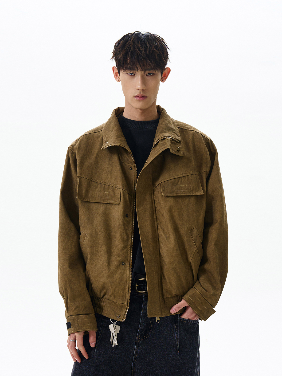 Trendy Boxy Short Workwear Jacket - American Vintage Distressed Deconstructed Stand-Collar Zip-Up Coat Trendy Boxy Short Workwear Jacket - American Vintage Distressed Deconstructed Stand-Collar Zip-Up Coat