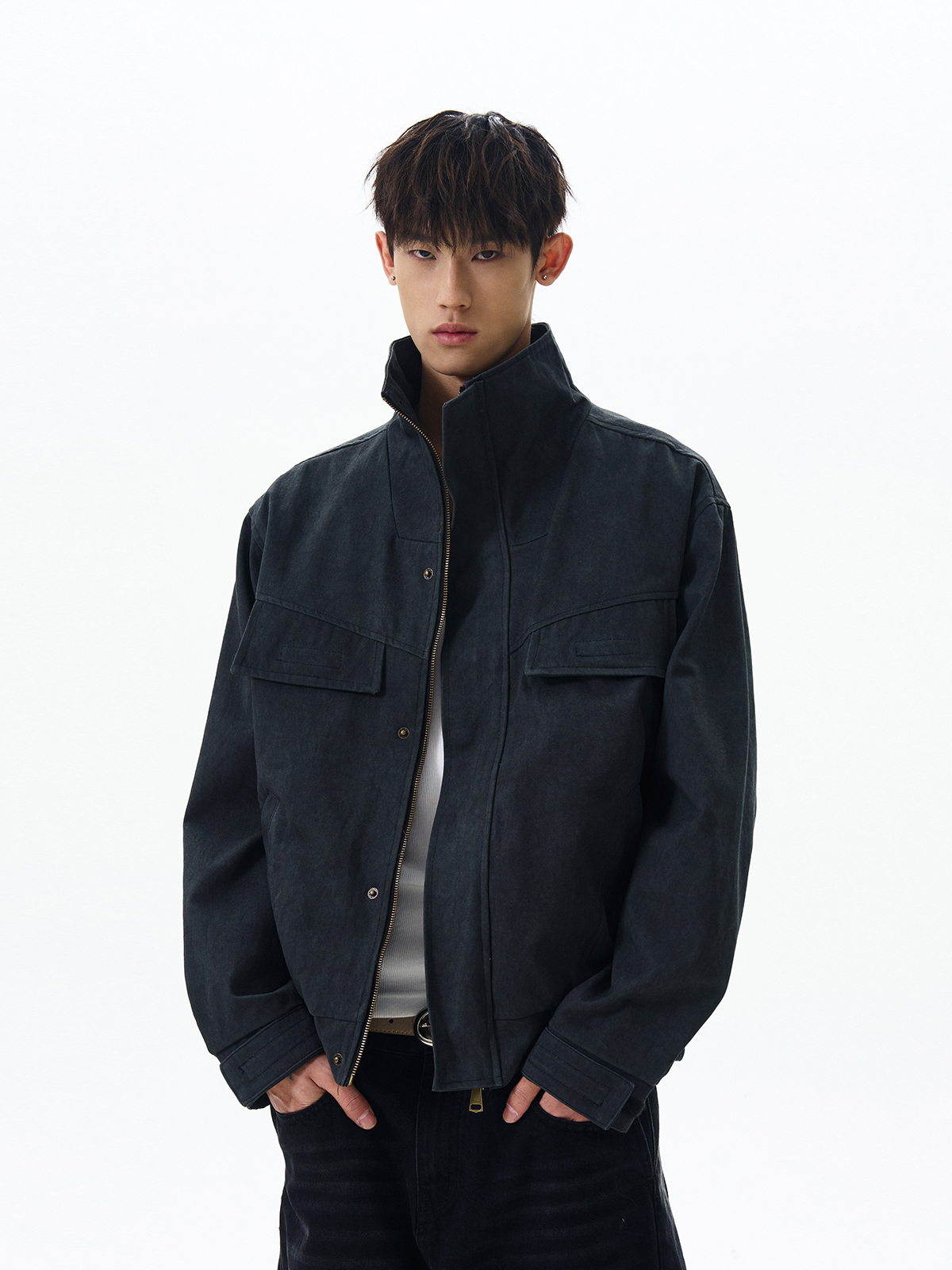 Trendy Boxy Short Workwear Jacket - American Vintage Distressed Deconstructed Stand-Collar Zip-Up Coat Trendy Boxy Short Workwear Jacket - American Vintage Distressed Deconstructed Stand-Collar Zip-Up Coat