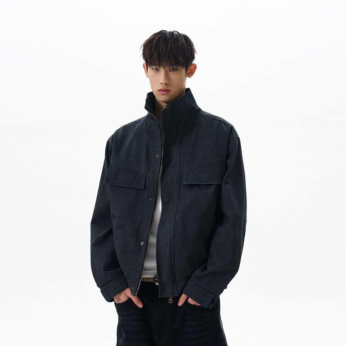 Trendy Boxy Short Workwear Jacket - American Vintage Distressed Deconstructed Stand-Collar Zip-Up Coat