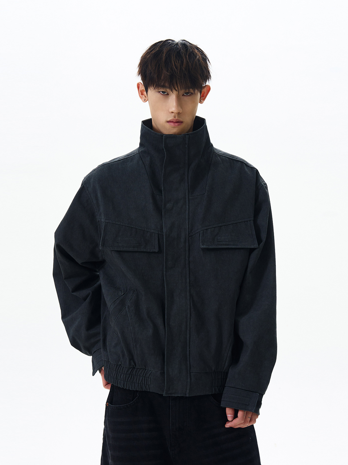 Trendy Boxy Short Workwear Jacket - American Vintage Distressed Deconstructed Stand-Collar Zip-Up Coat Trendy Boxy Short Workwear Jacket - American Vintage Distressed Deconstructed Stand-Collar Zip-Up Coat