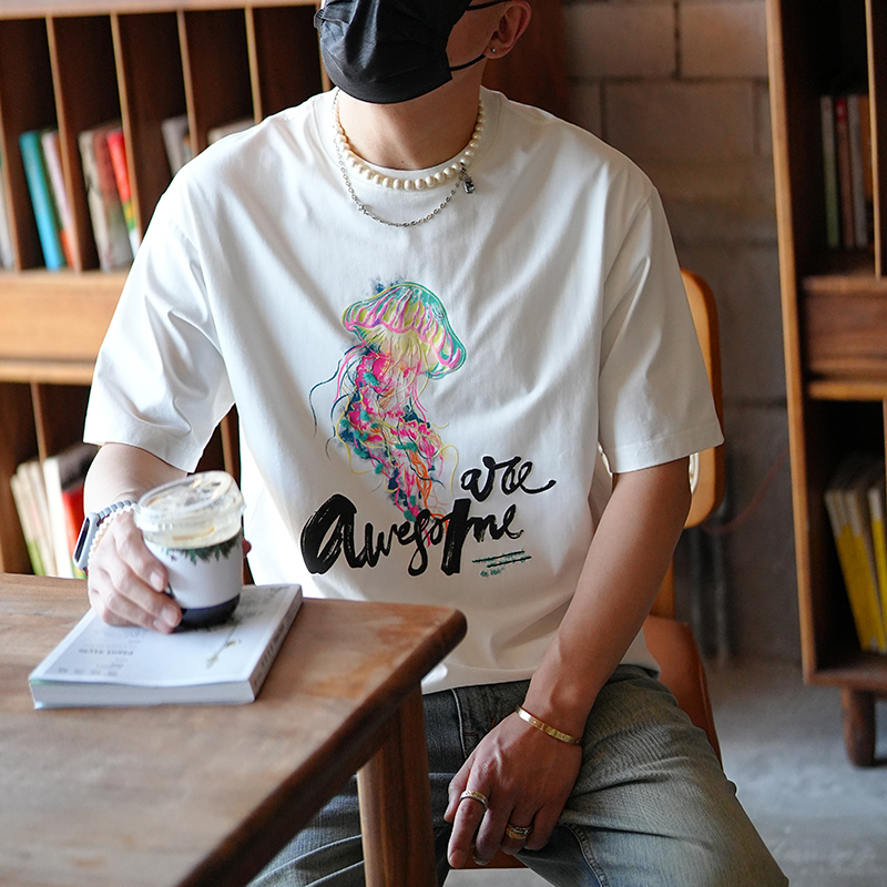 Trendy Heavyweight Colorful Jellyfish Embroidered Short-Sleeve T-Shirt for Men - Summer Fashion Light Luxury Pure Cotton Round Neck Trendy Heavyweight Colorful Jellyfish Embroidered Short-Sleeve T-Shirt for Men - Summer Fashion Light Luxury Pure Cotton Round Neck