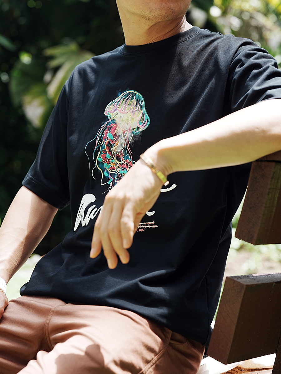 Trendy Heavyweight Colorful Jellyfish Embroidered Short-Sleeve T-Shirt for Men - Summer Fashion Light Luxury Pure Cotton Round Neck Trendy Heavyweight Colorful Jellyfish Embroidered Short-Sleeve T-Shirt for Men - Summer Fashion Light Luxury Pure Cotton Round Neck
